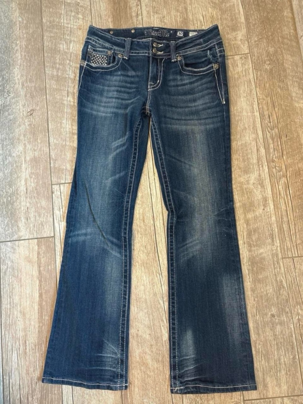 Miss Me Dark Indigo Flare Jeans with Contrast Stitching